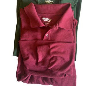 NWOT Gildan 2 long sleeve polo shirts L Forest green and burgundy Dryblend